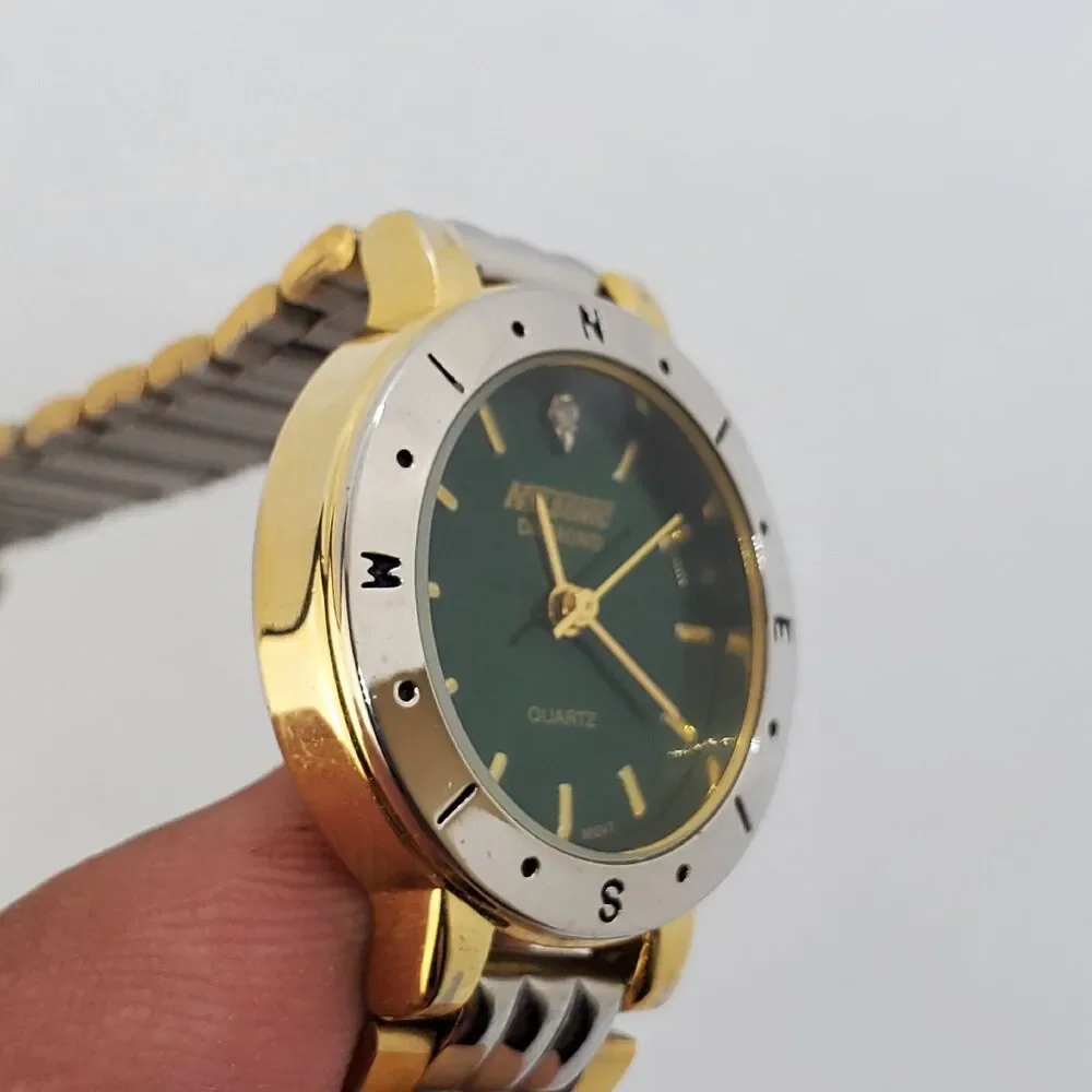 Nelsonic Diamond Women's Watch 25MM Green Dial Two Tone‎ Bands 7.5